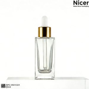 50ml square transparent glass dropper bottle with heavy thick bottom for serum packaging.