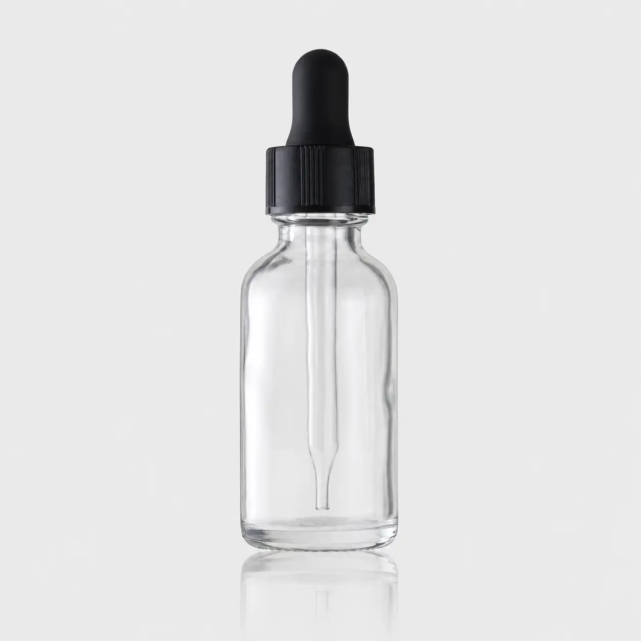 Clear 30ml Boston round bottle with black dropper