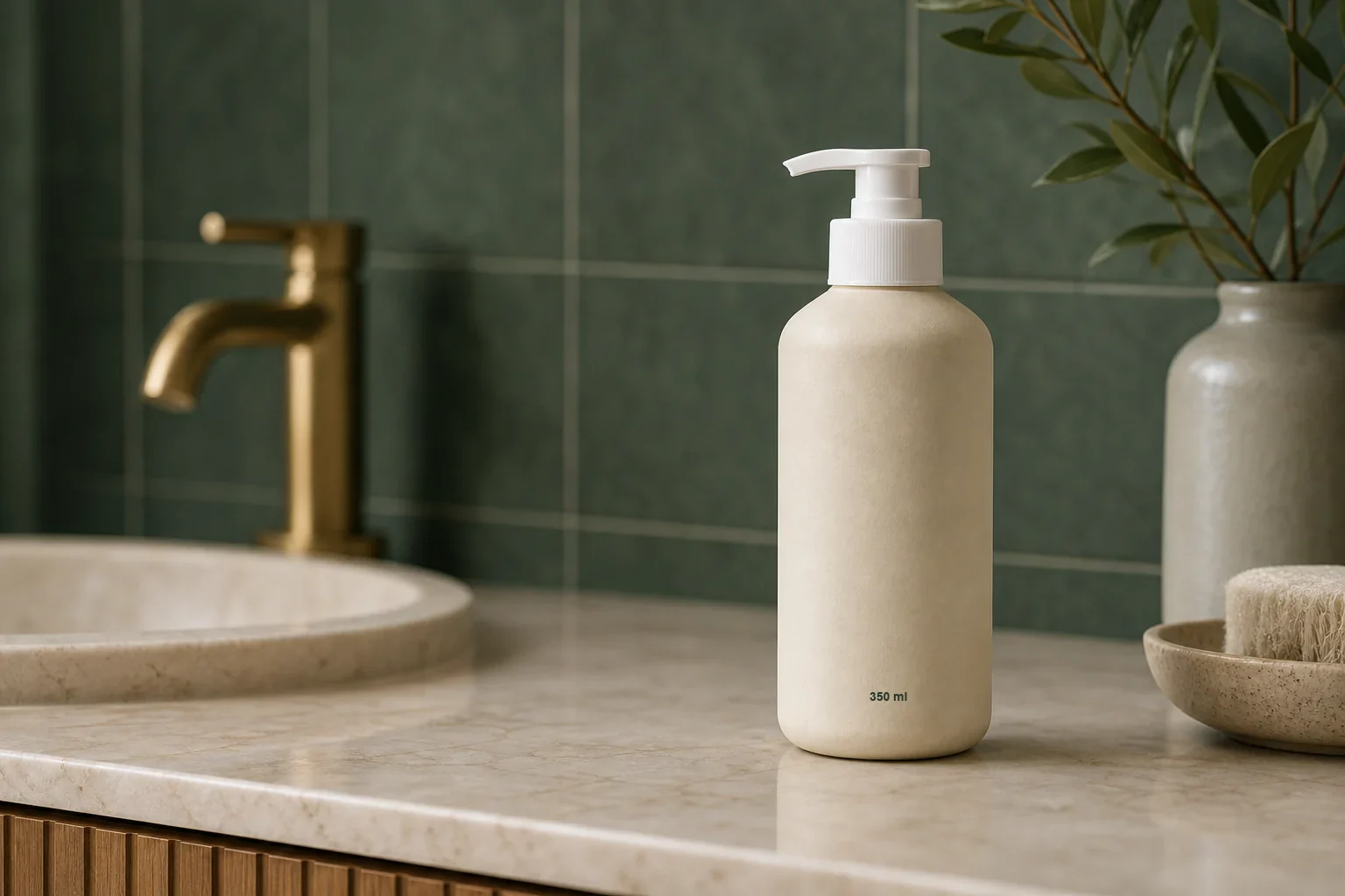 Smooth 350 ml paper bottle in a bathroom
