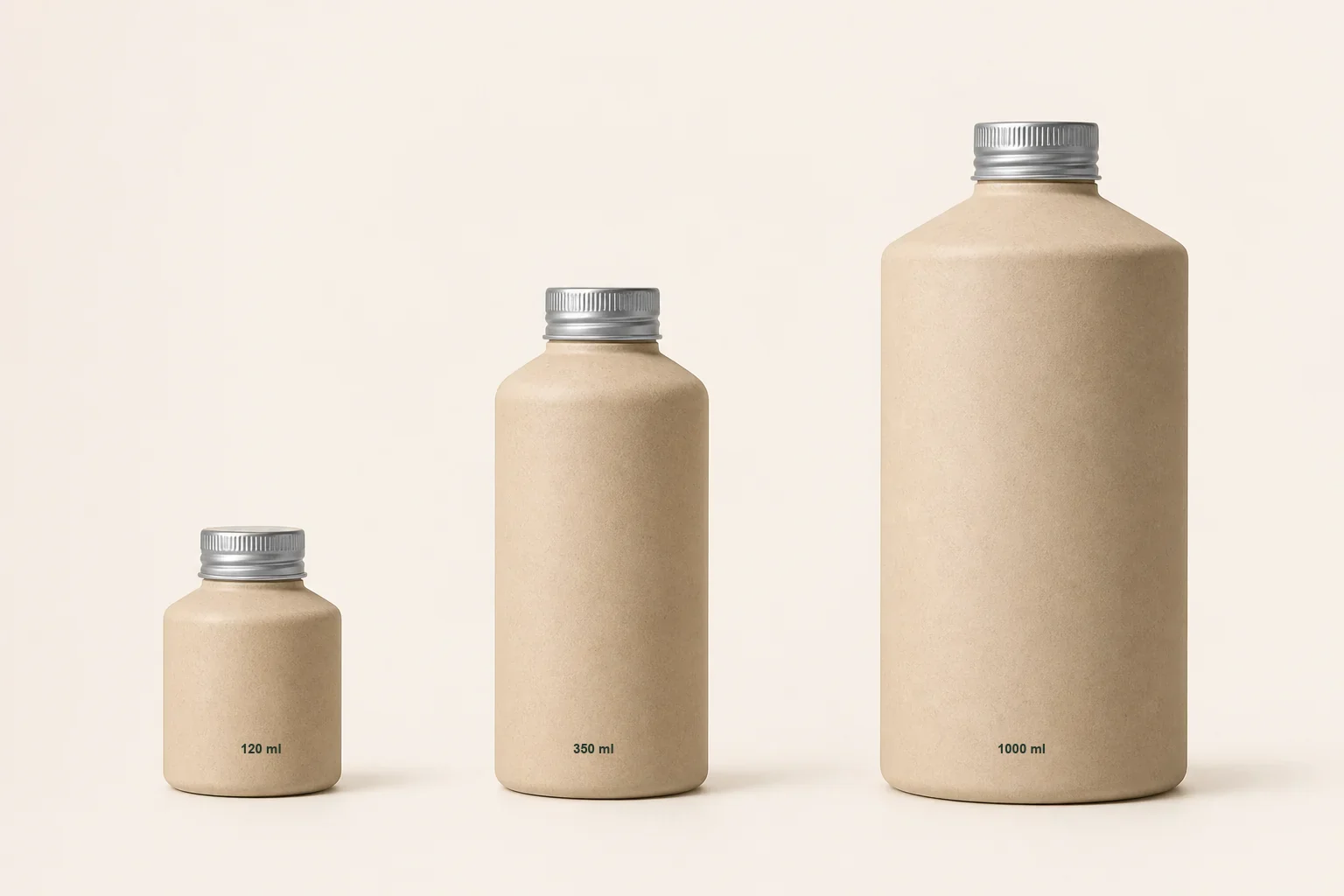 120 ml 350 ml and 1000 ml smooth paper bottles from small to large