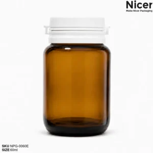 60ml amber glass supplement bottle with white tamper-evident flip-top cap NPG-0060E