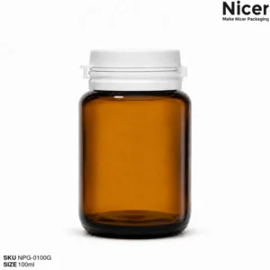 100ml amber glass supplement bottle with tamper-evident flip-top cap NPG-0100G