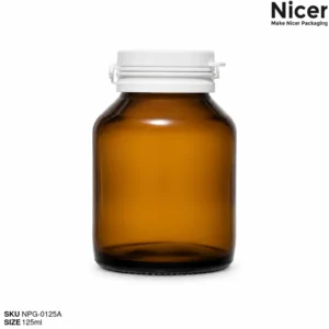 125ml amber glass supplement bottle with PP tamper-evident flip-top cap NPG-0125A