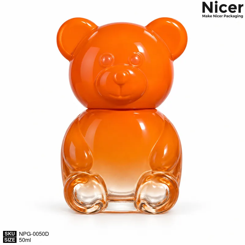 Front view of the orange NPG-0050D bear-shaped perfume bottle with its matching bear-head cap